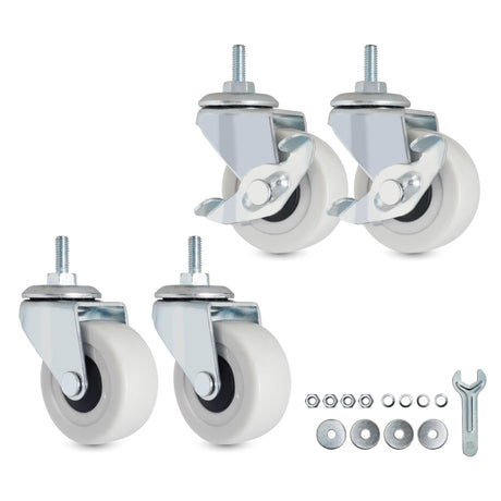 M6 Threaded Stem Caster Wheels, 2 Inch PVC Silent, No Noise and No Scratch Castor Wheels, Replacement for Tiny Shelving, Slide Storage Cart for Office, Kitchen & Laundry Room, Set of 2 Brake 2 Swivel AXL