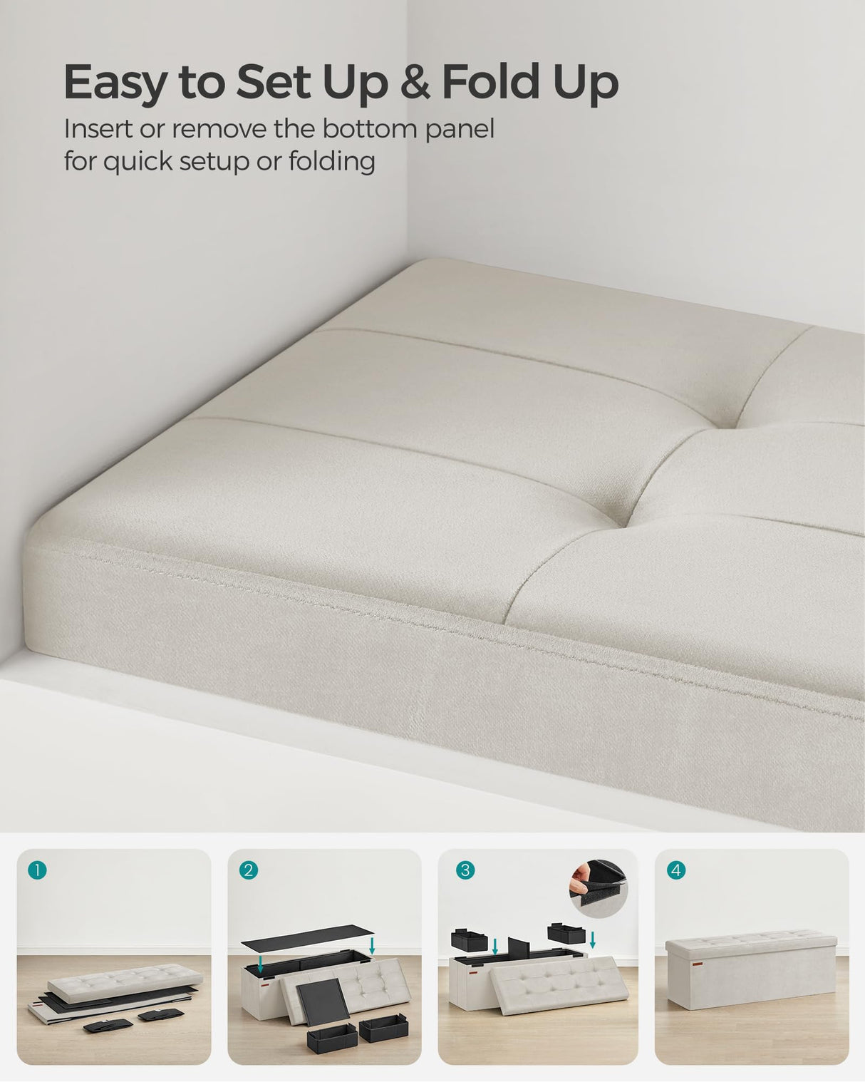 SONGMICS Storage Ottoman Bench, Foldable Ottoman Foot Rest, 15 x 43 x 15 Inches, End of Bed Bench, Storage Chest, Load up to 660 lb, for Living Room, Bedroom, Entryway, Cream White ULSF277W01 SONGMICS