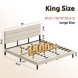 WLIVE King Size Upholstered Bed Frame, Velvet Square Tufted Headboard, Sturdy Metal & Wooden Slats Support, No Box Spring Needed, Beige WLIVE