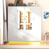 4 Doors Armoire Wardrobe Closet with Mirror, LED Armoire with Doors and Drawers, Wooden Wardrobe Storage Cabinet with Hanging Rod, Adjustable Shelves, White chartustriable