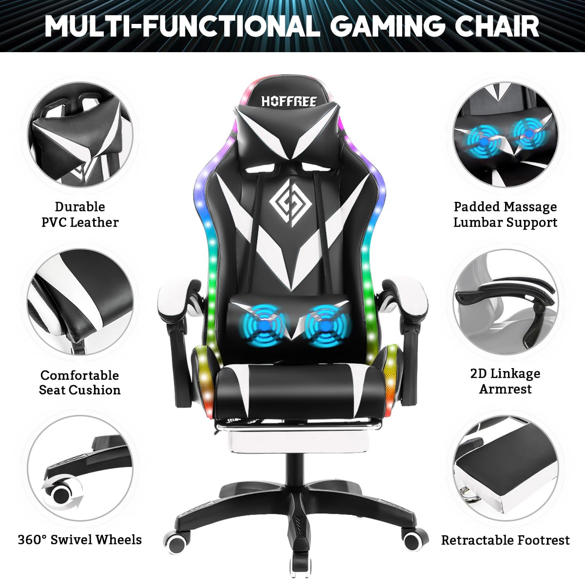 HOFFREE Gaming Chair with Massage and LED Lights Ergonomic Video Game Chairs with Footrest High Back Reclining Computer Chair with Adjustable Lumbar Support White and Black HOFFREE