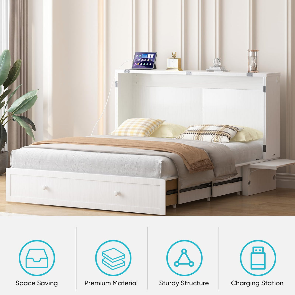 CECER Queen Size Solid Wood Murphy Bed with Memory Foam Mattress，Murphy Bed with Charging Station and Two Large Storage Drawers for Small Spaces/Bedroom/Guest Room（White） CECER