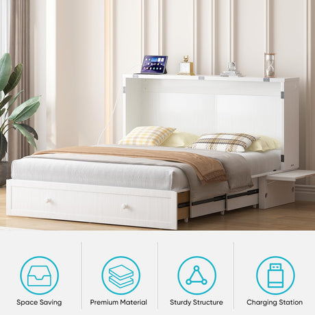 CECER Queen Size Solid Wood Murphy Bed with Memory Foam Mattress，Murphy Bed with Charging Station and Two Large Storage Drawers for Small Spaces/Bedroom/Guest Room（White） CECER