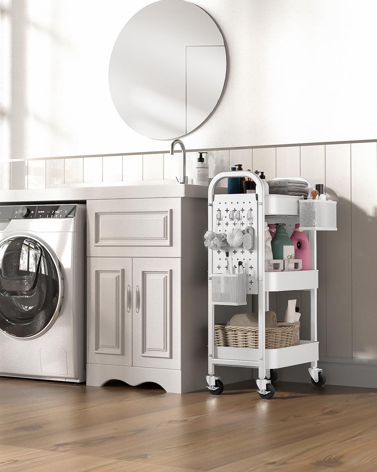 ALVOROG 3 Tier Rolling Cart with DIY Pegboards Metal Utility Cart with Wheels Handles Baskets Hooks, Storage Cart for Office Kitchen Bathroom(White) ALVOROG