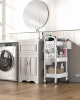ALVOROG 3 Tier Rolling Cart with DIY Pegboards Metal Utility Cart with Wheels Handles Baskets Hooks, Storage Cart for Office Kitchen Bathroom(White) ALVOROG