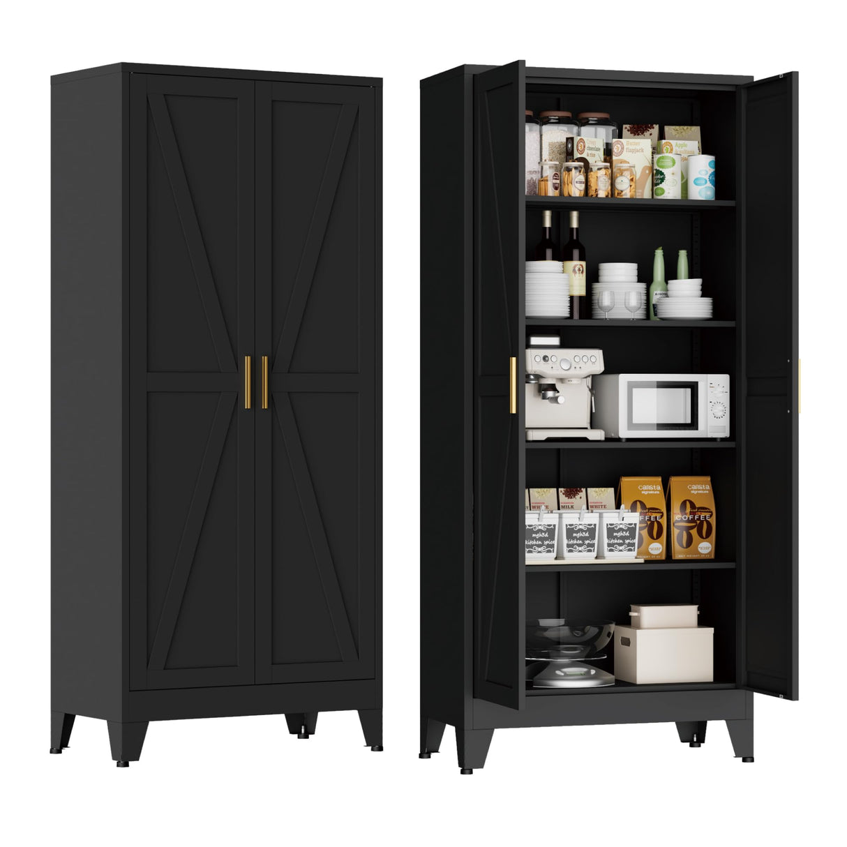 Bevivog 71" Kitchen Pantry Cabinet, Metal Storage Cabinet with 2 Doors and 4 Adjustable Shelves, Farmhouse Tall Metal Pantries Cabinets Storage for Kitchen, Home Office, Living Room, Dining Room Bevivog