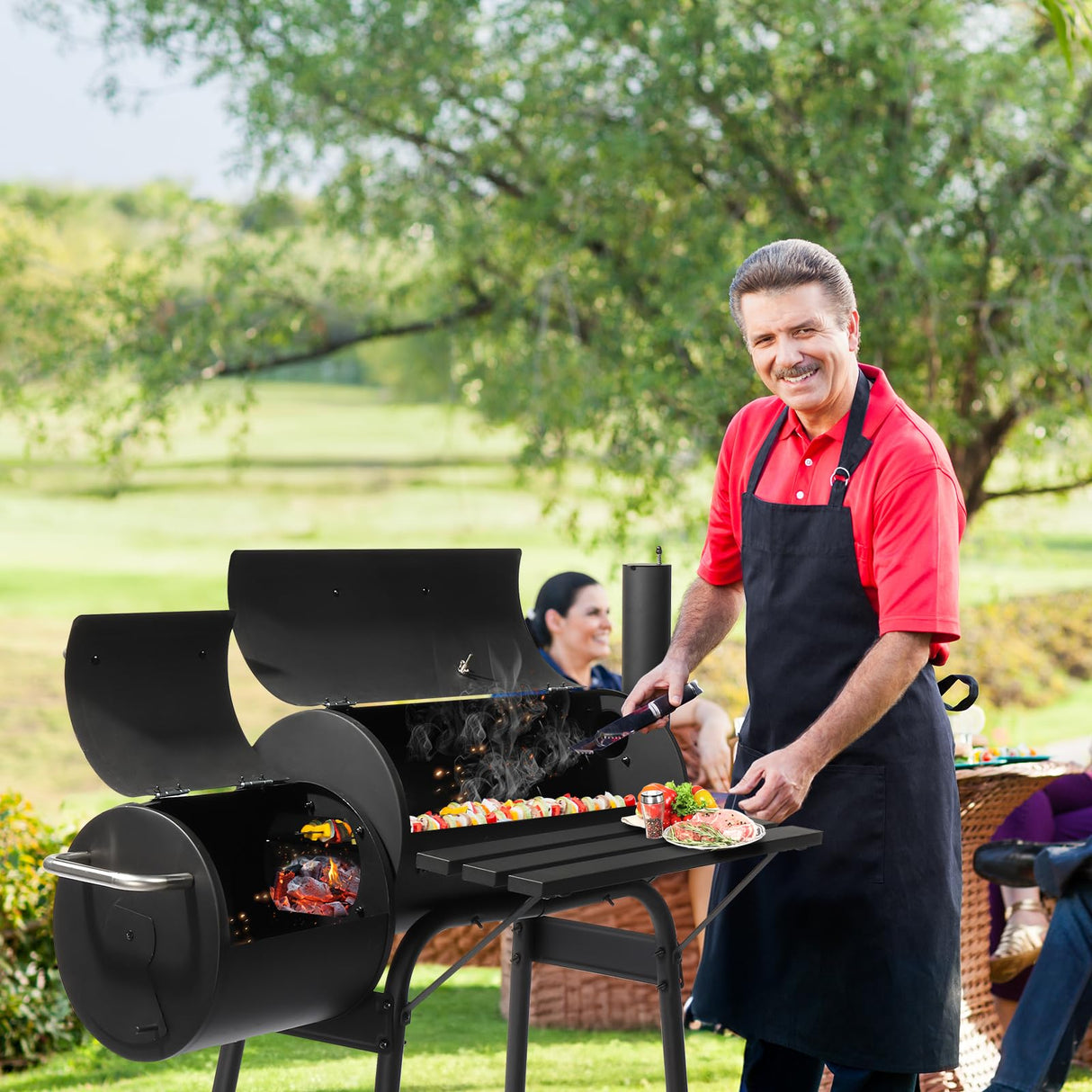 Outdoor Barrel BBQ Grill,Barrel Charcoal Grill with Offset Smoker, All Metal Outdoor Smoker with Side Table and Wheels for Outdoor Garden Patio and Backyard Cooking Shyneer