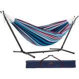 Vivere Double Cotton Hammock with Space Saving Steel Stand, Upgraded Polyester End Strings 450 lb Capacity - Premium Carry Bag Included - USA Grown Cotton (Denim) Vivere