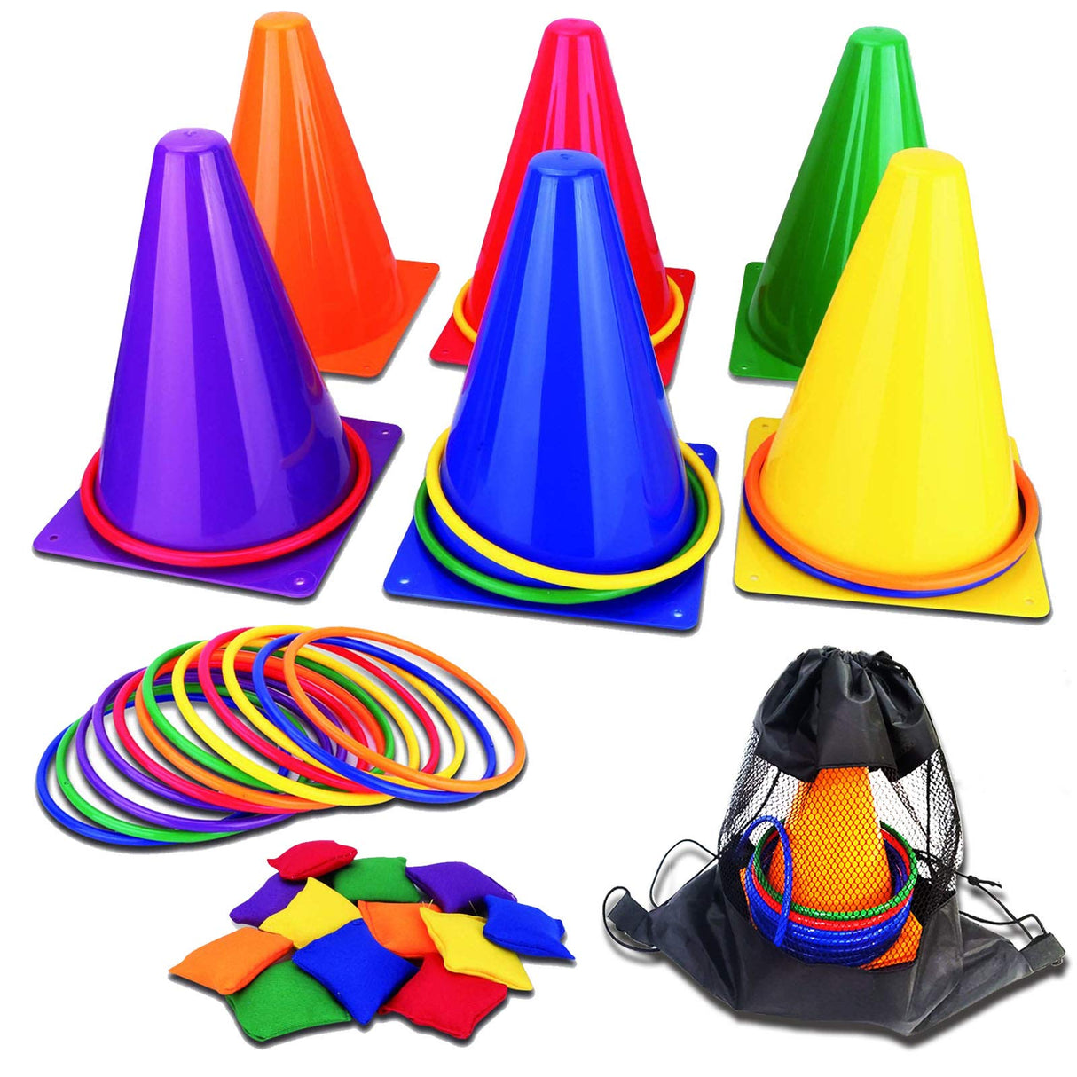 unanscre 31PCS 3 in 1 Carnival Outdoor Games Combo Set for Kids, Soft Plastic Cones Bean Bags Ring Toss Game, Gift for Birthday Party/Xmas unanscre