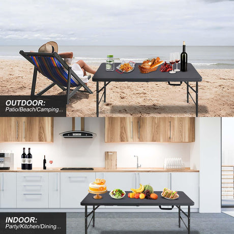 ICSPOID Portable Plastic Folding Table 4ft/6ft/8ft Heavy Duty White Black Picnic Dining Table Fold-in-Half for Camp Party Kitchen Indoor Outdoor ICSPOID