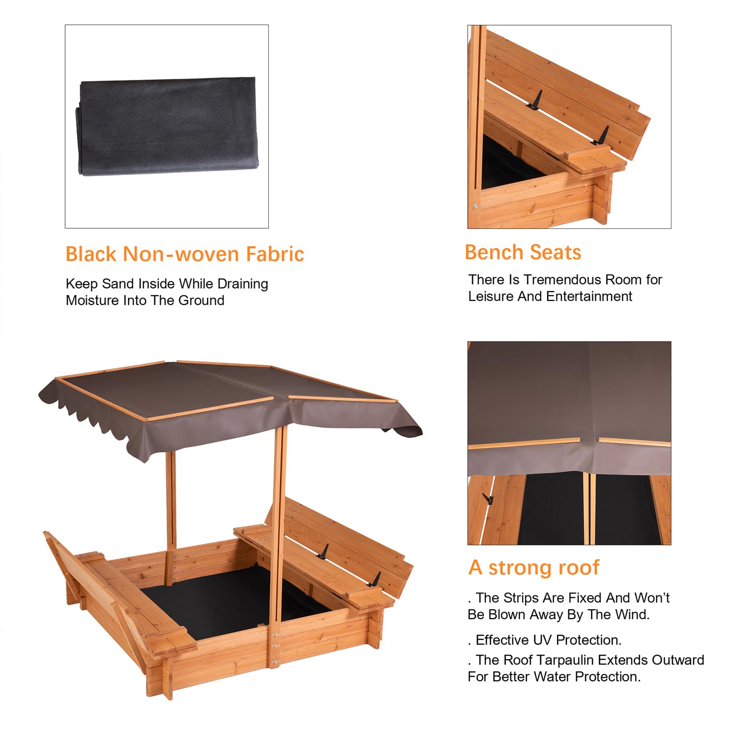 AIUEKES Kids Wooden Sandbox with Adjustable Canopy, Sand Box with Foldable Bench Seats for Aged 3-8 Years Old, Outdoor Sand Pit for Backyard Garden. - WoodArtSupply