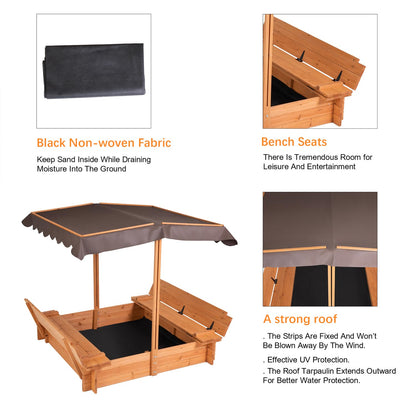 AIUEKES Kids Wooden Sandbox with Adjustable Canopy, Sand Box with Foldable Bench Seats for Aged 3-8 Years Old, Outdoor Sand Pit for Backyard Garden. - WoodArtSupply