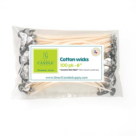 Direct Candle Supply 6" Pre Waxed Cotton Wicks 100pk for Candle Making - 100% Cotton Wick Made in USA Direct Candle Supply