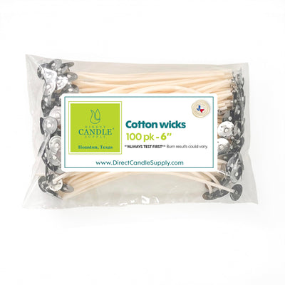 Direct Candle Supply 6" Pre Waxed Cotton Wicks 100pk for Candle Making - 100% Cotton Wick Made in USA