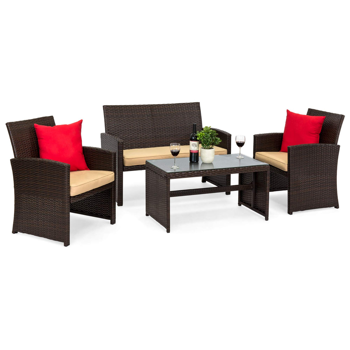 Best Choice Products 4-Piece Outdoor Wicker Patio Conversation Furniture Set for Backyard w/Coffee Table, Seat Cushions - Brown/Beige Best Choice Products