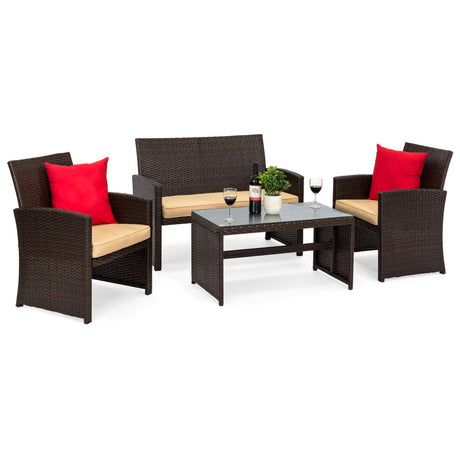 Best Choice Products 4-Piece Outdoor Wicker Patio Conversation Furniture Set for Backyard w/Coffee Table, Seat Cushions - Brown/Beige Best Choice Products