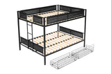 ATY Queen Over Queen Metal Bunk Bed with Two Storage Drawers, Sturdy Bedframe w/Wood Slat Support and Guardrails, Space Saving Design & No Box Spring Needed,Perfect for Dorm,Bedroom,Guest Room, Black ATY