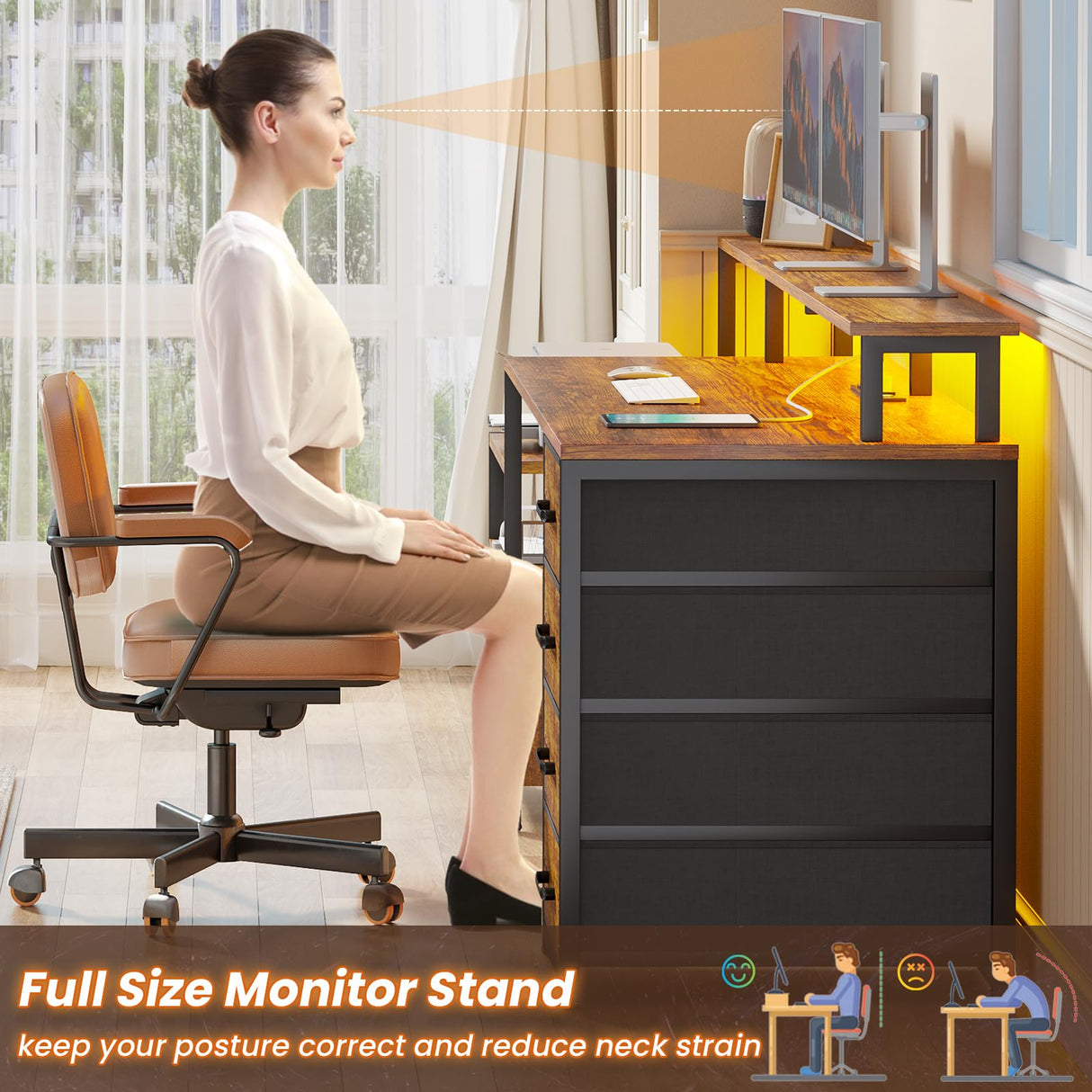 SEDETA Home Office Desk with File Drawer & Power Outlet, 66'' Computer Desk with 5 Drawer, Storage Shelves, Printer Cabinet and Monitor Shelf, Gaming Desk with Led Lights, Rustic Brown SEDETA