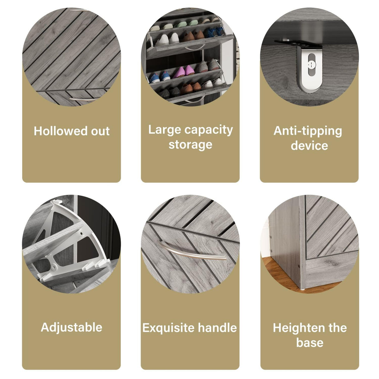 FAMAPY Modern Shoe Cabinet with 3 Flip Drawers, Freestanding Shoe Storage Cabinet, Slanted Design, Shoe Storage Organizer for Hallway Entryway Grey (22.4”W x 9.4”D x 42.3”H) FAMAPY