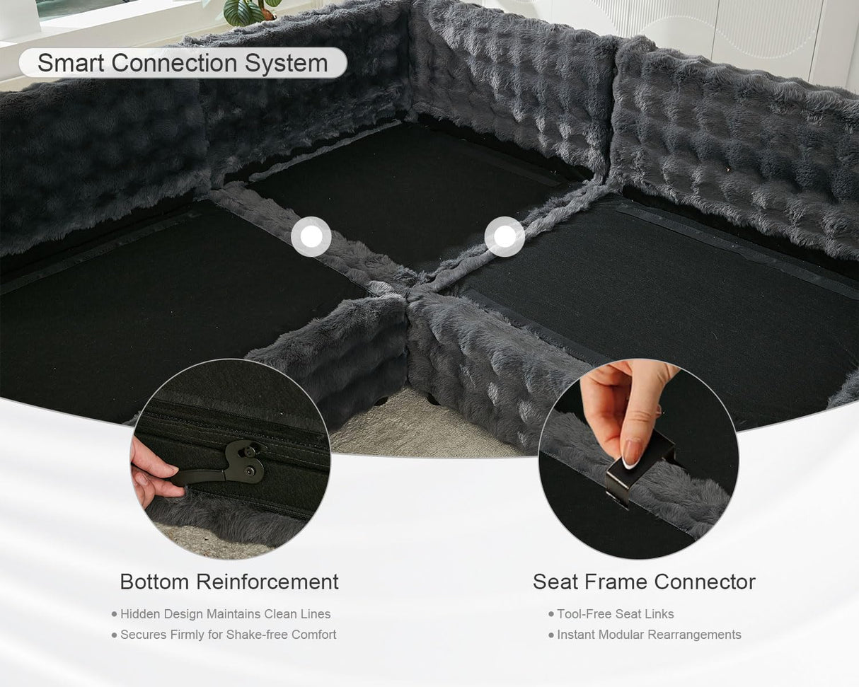 115" Oversized Modular Sectional Sofa with Ottoman Convertible Plush Faux Fur Large U-Shape Couch Sofa 5 Seater with 6 Pillows for Living Room,Bedroom,for Big Man 35.83" Seat Width,Grey Comfort Stretch