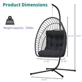 Kingdura Hanging Egg Chair with Stand Indoor Outdoor, Foldable Rattan Wicker Hammock Egg Swing Chair for Bedroom Porch Patio Garden, Thickened Cushion, 350LBS Capacity, Heavy Duty Frame Kingdura