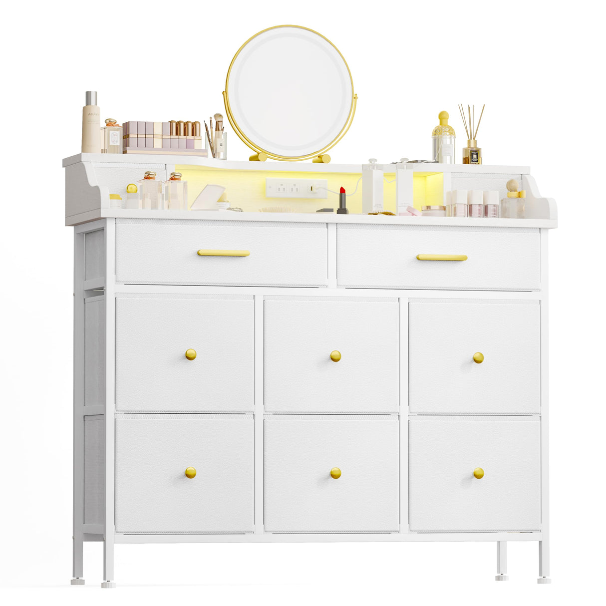 Fixwal White Dresser for Bedroom with LED Lights and Charging Station, 40-inch LED TV Stand with 10 Fabric Drawers Bedroom Dresser for Girls, Kids Fixwal