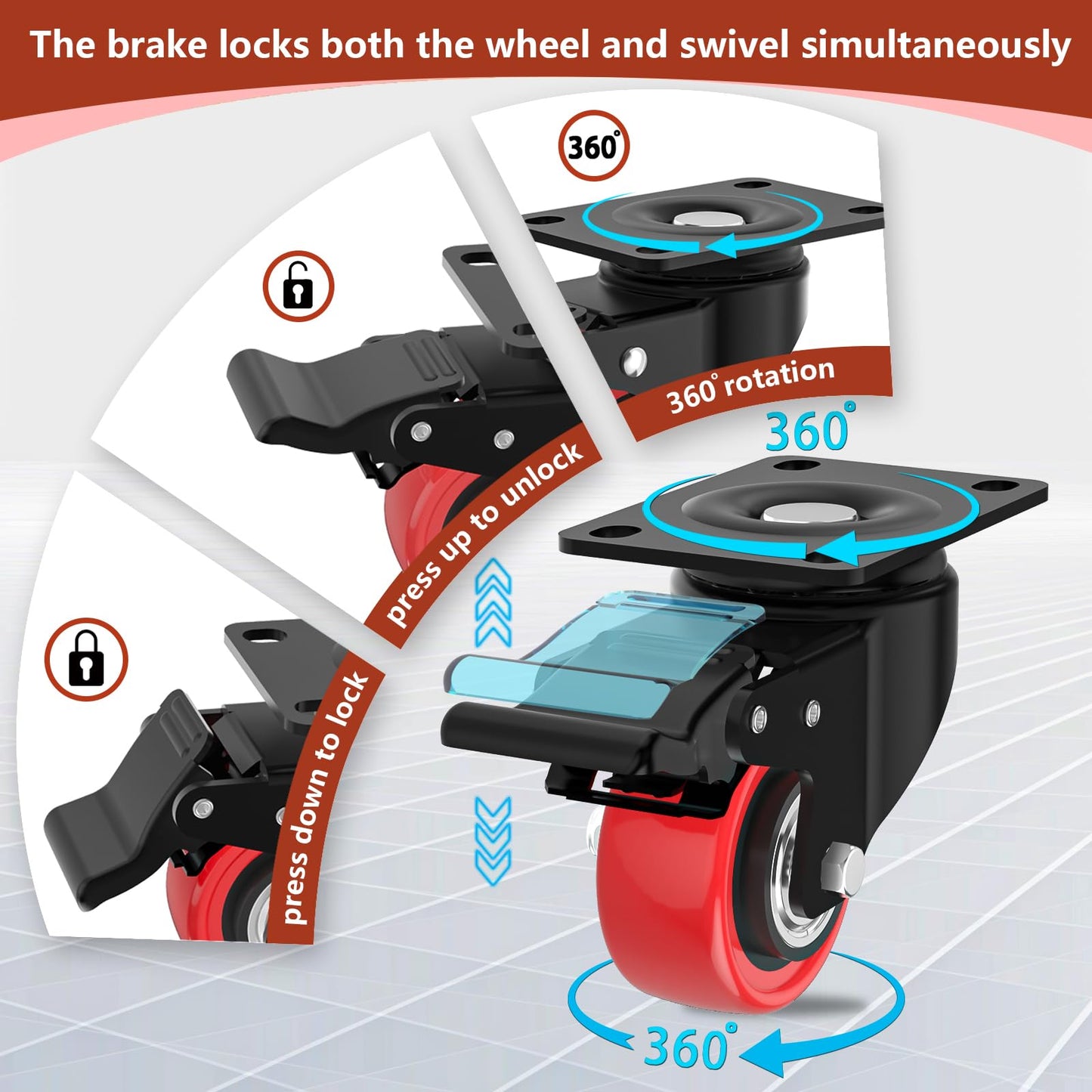 2 Inch Caster Wheels 600lbs Heavy Duty, Casters Set of 4 with Brake,Locking Industrial Swivel Top Plate Casters Wheels for Furniture and Workbench Cart(Two Hardware Kits Include)