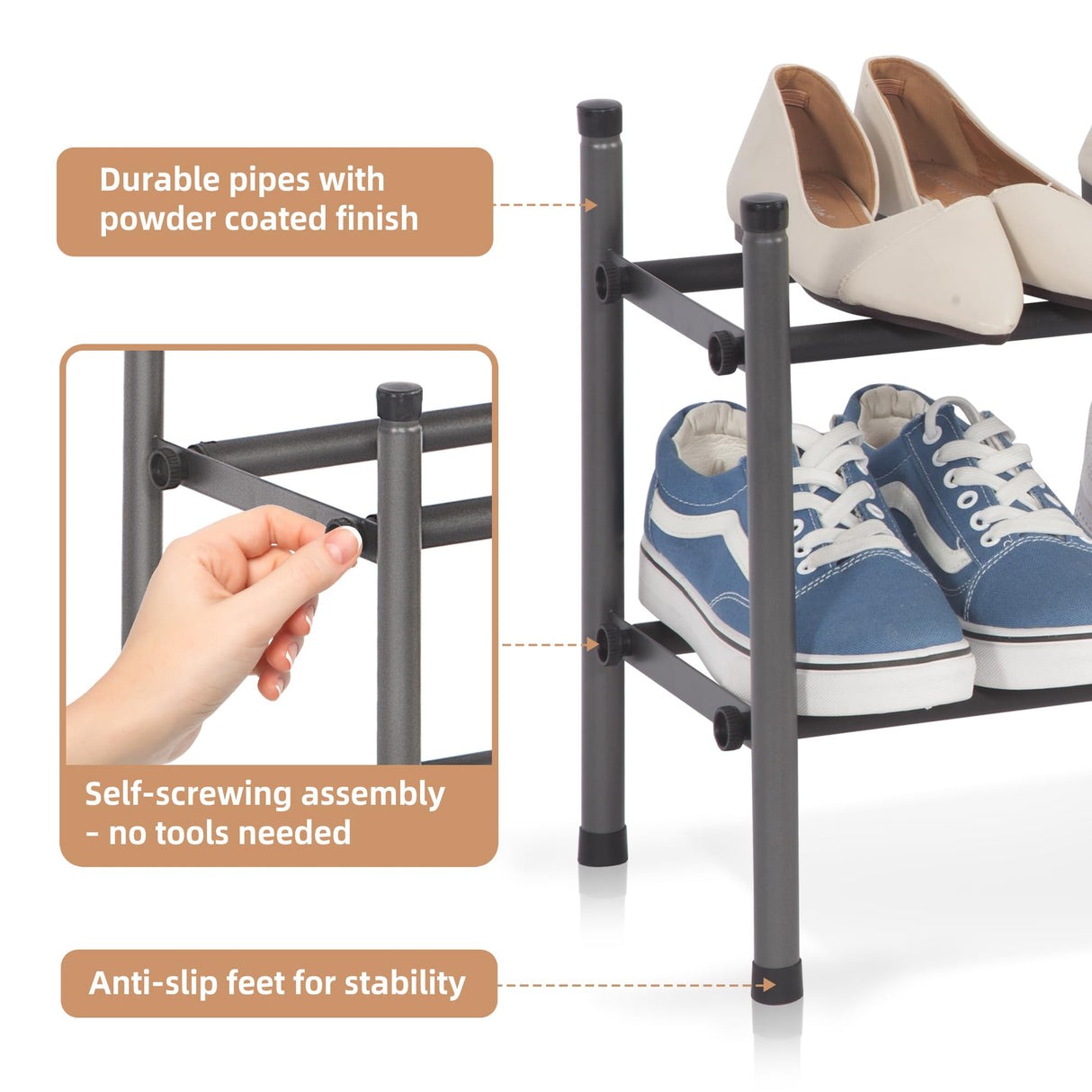 STORAGE MANIAC Expandable Shoe Rack, 8 Pairs Stackable Small Shoe Rack, Metal Adjustable Shoes Organizer for Closet, Entryway, Hallway, Garage, Front Door, Shoes Shelves, Black 2 Tier STORAGE MANIAC