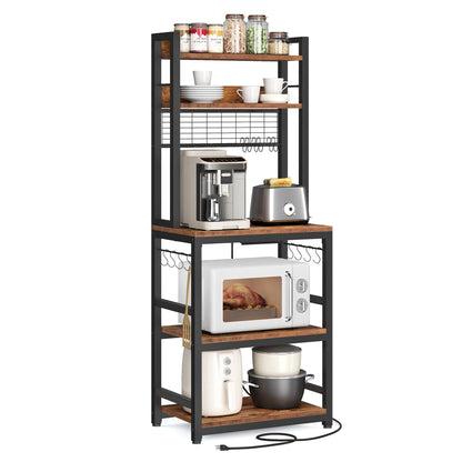 VASAGLE Rustic Brown and Black Microwave Stand with Power Outlet and 14 Hooks, Adjustable Kitchen Bakers Rack - WoodArtSupply