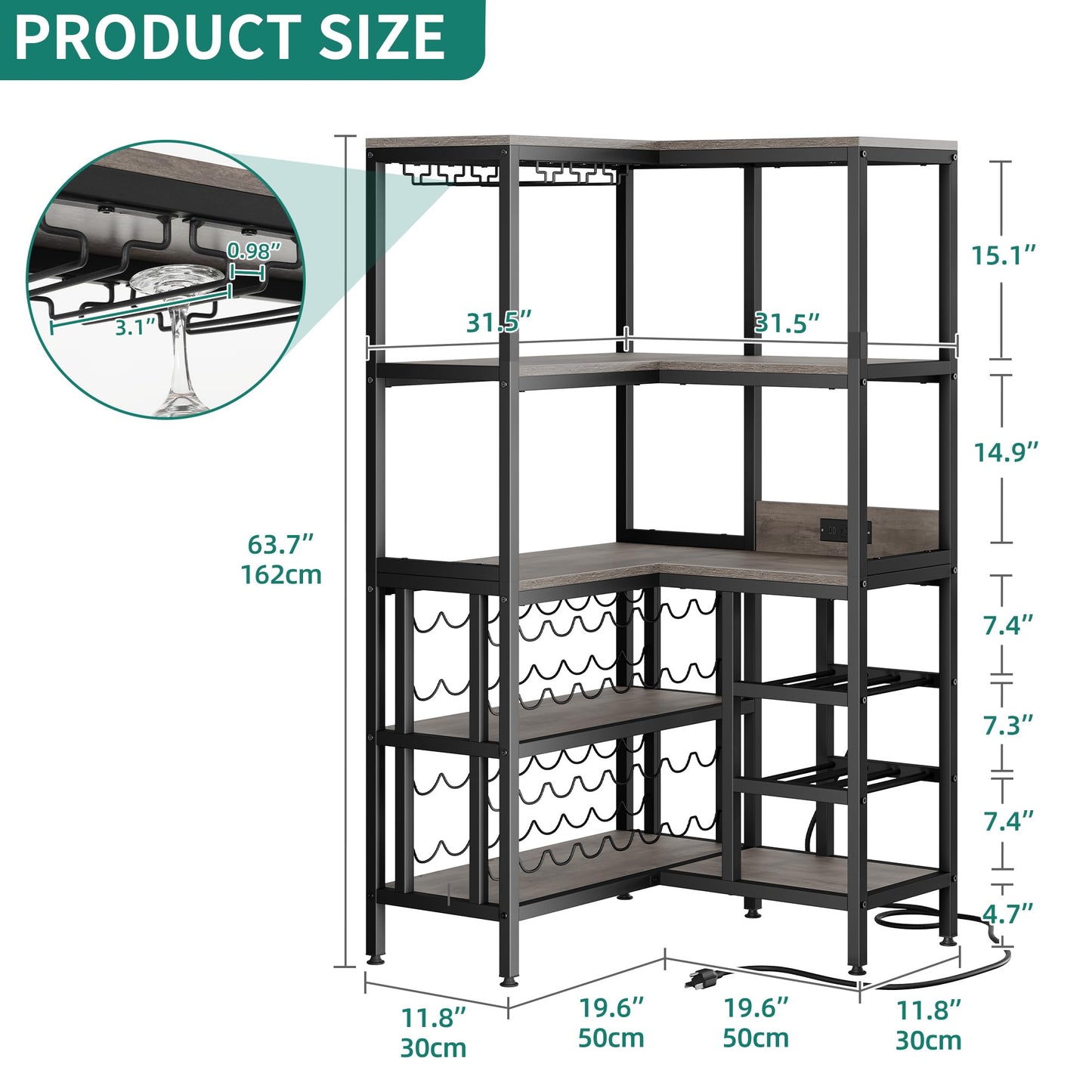 YITAHOME Large Corner Wine Rack, 63'' Corner Bar Cabinet with Power Outlet and LED Light, 5-Tier L Shaped Industrial Liquor Cabinet w/Glass Holder, Corner Open Display Cabinet for Home, Dark  - WoodArtSupply