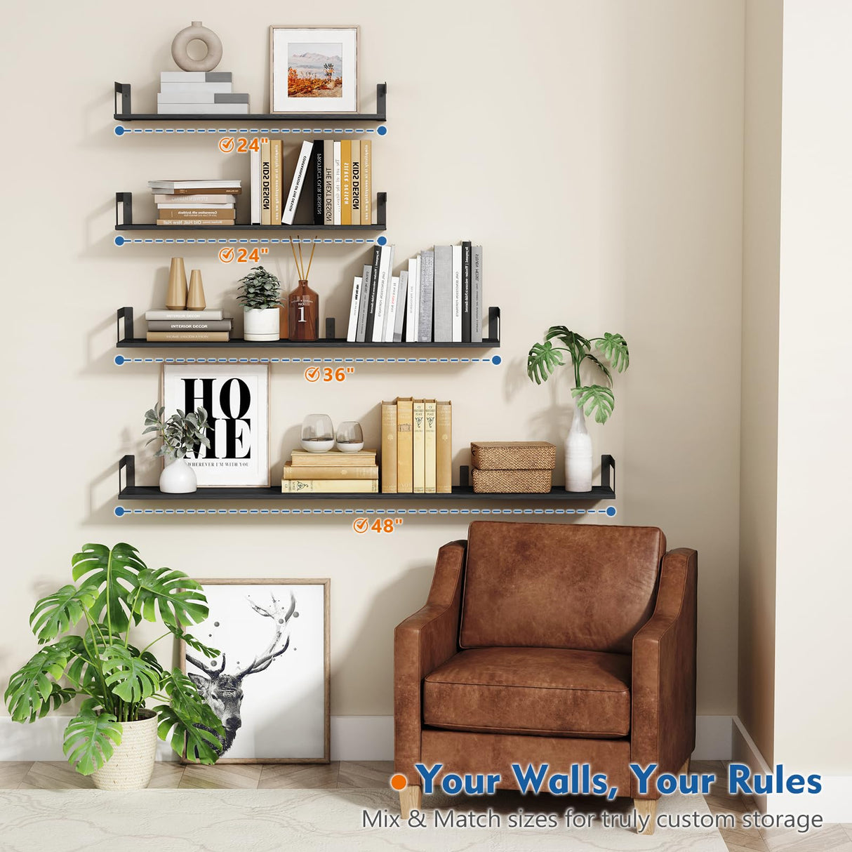 Harwaya 24 Inch Floating Shelves for Wall Set of 3, Wall Mounted Bookshelf, 8 Inches Deep Hanging Book Shelves for Living Room Bedroom Office Decor Closet Storage (Black) Harwaya