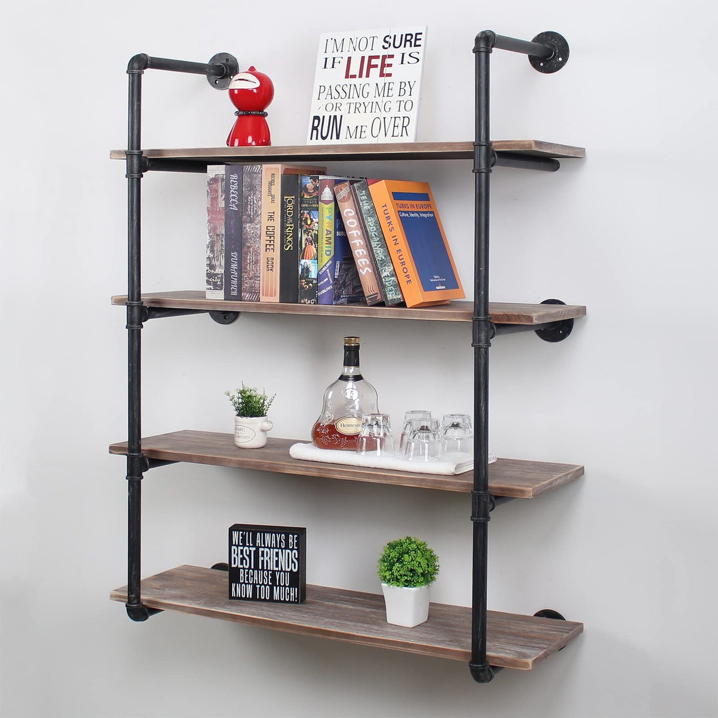 Industrial Pipe Shelving Wall Mounted,48in Rustic Metal Floating Shelves,Steampunk Real Wood Book Shelves,Wall Shelf Unit Bookshelf Hanging Wall Shelves,Farmhouse Kitchen Bar Shelving(4 Tier)