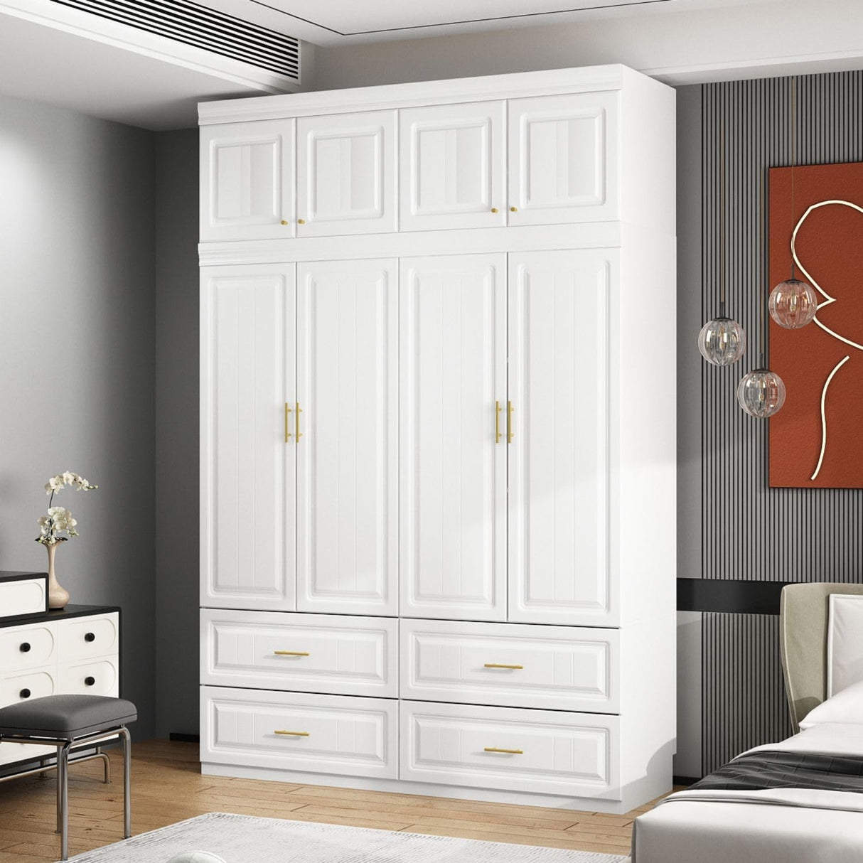 MOUMON 4 Door Wardrobe Closet with 4 Drawers & Shelves, Armoire Wardrobe Closet with Hanging Rod, Top Cube Storage, Closet for Bedroom White and Gold (63”W x 20.6”D x 93.9”H) MOUMON