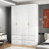 MOUMON 4 Door Wardrobe Closet with 4 Drawers & Shelves, Armoire Wardrobe Closet with Hanging Rod, Top Cube Storage, Closet for Bedroom White and Gold (63”W x 20.6”D x 93.9”H) MOUMON