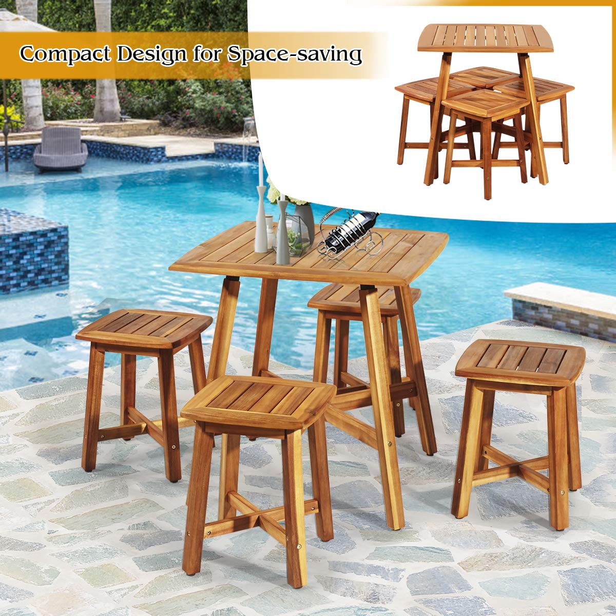 Tangkula 5 Piece Wood Patio Dining Set, Outdoor Dining Furniture w/Square Table & 4 Stools, Garden Conversation Dinging Set for Porch, Backyard, Balcony, Poolside, Reddish Brown Tangkula
