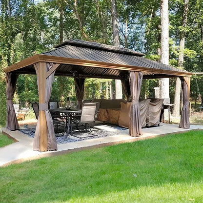 12’ x 20’ Hardtop Gazebo Outdoor Aluminum Wood Grain Gazebos with Galvanized Steel Double Canopy for Patios Deck Backyard,Curtains&Netting by domi outdoor living - WoodArtSupply