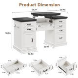 Farmhouse 57" Lift Desktop Executive Desk with 6 Drawers and Charging Station, Wood Home Office Computer Desk with File Cabinet Storage, Keyboard Tray,Headphone hook for Work,Study, Antique White Jocoevol