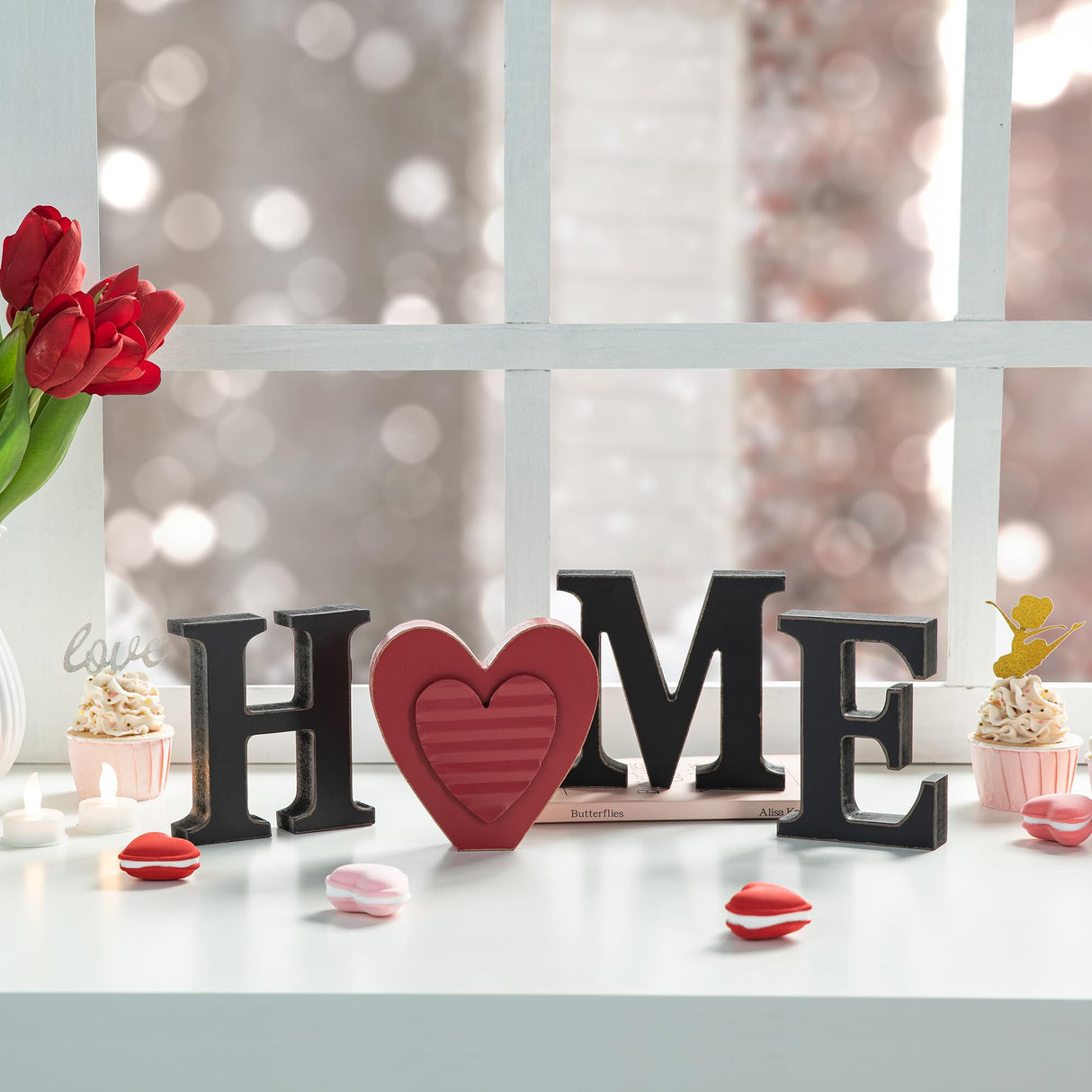 Glitzhome Interchangeable Home Table Signs with 13 Pcs Seasonal Icons, Wooden Changeable Home Sign for Holiday Decor, HOME Letter Sign Ornaments Set Interchangeable Holiday Decorative Shelf Blocks Glitzhome