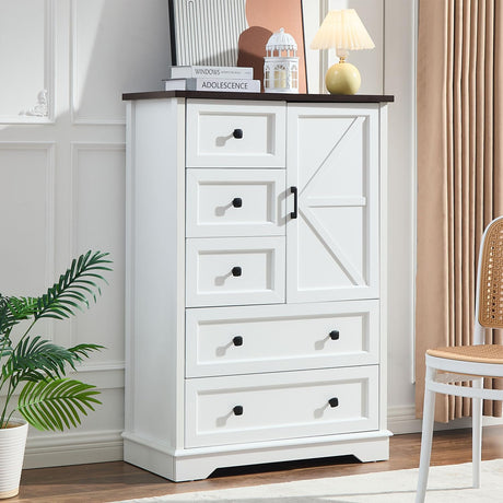 SOOWERY Dresser for Bedroom, Farmhouse Dresser with 5 Wooden Drawers and Storage Cabinet, 48 Inches Tall Chest of Drawers for Bedroom, Living Room, Hallway, White SOOWERY