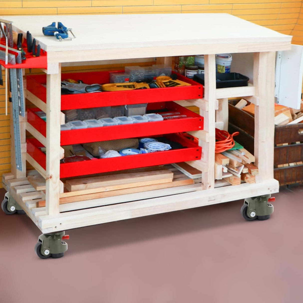 EMBOWLIFE Leveling Casters Set of 4, Workbench Casters with Ratchet Arm, 3300 LBS, Green Heavy Duty Retractable Leveling Machine Casters, Nylon Wheels & Leveling Feet for Shelves and Workbenches EMBOWLIFE