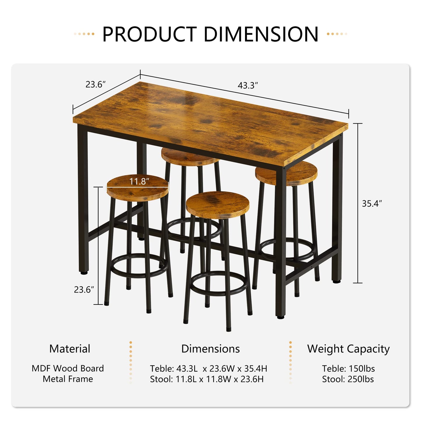 AWQM Bar Table and Chairs Set Industrial Counter Height Pub Table with 4 Chairs Bar Table Set 5 Pieces Dining Table Set Home Kitchen Breakfast Table, Rustic Brown