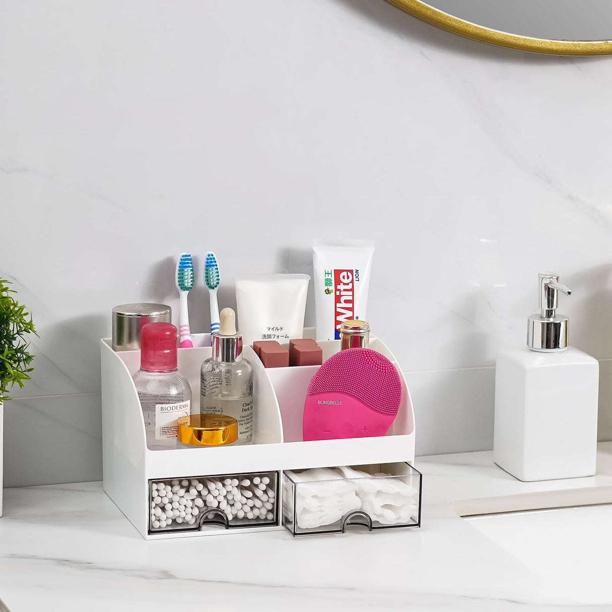 VITVITI Toothbrush Holders for Bathrooms Countertop, 5 Slots Toothpaste Bathroom Counter Sink Organizer with Drawers, Plastic Bathroom Organizer for Vanity/Makeup/Office White VITVITI