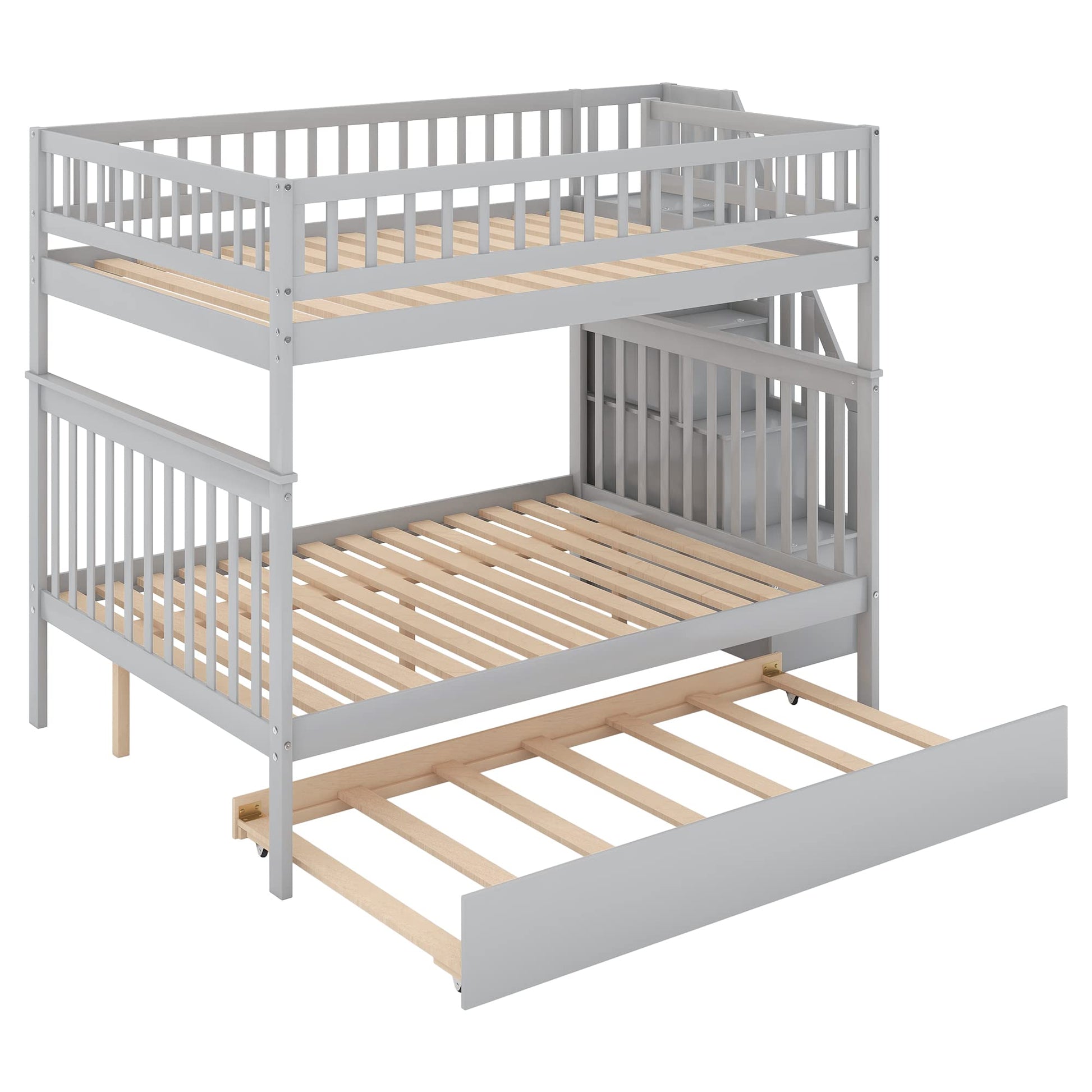 Merax Grey Full-Over-Full Stairway Bunk Bed with Trundle, Convertible into 3 Beds - WoodArtSupply