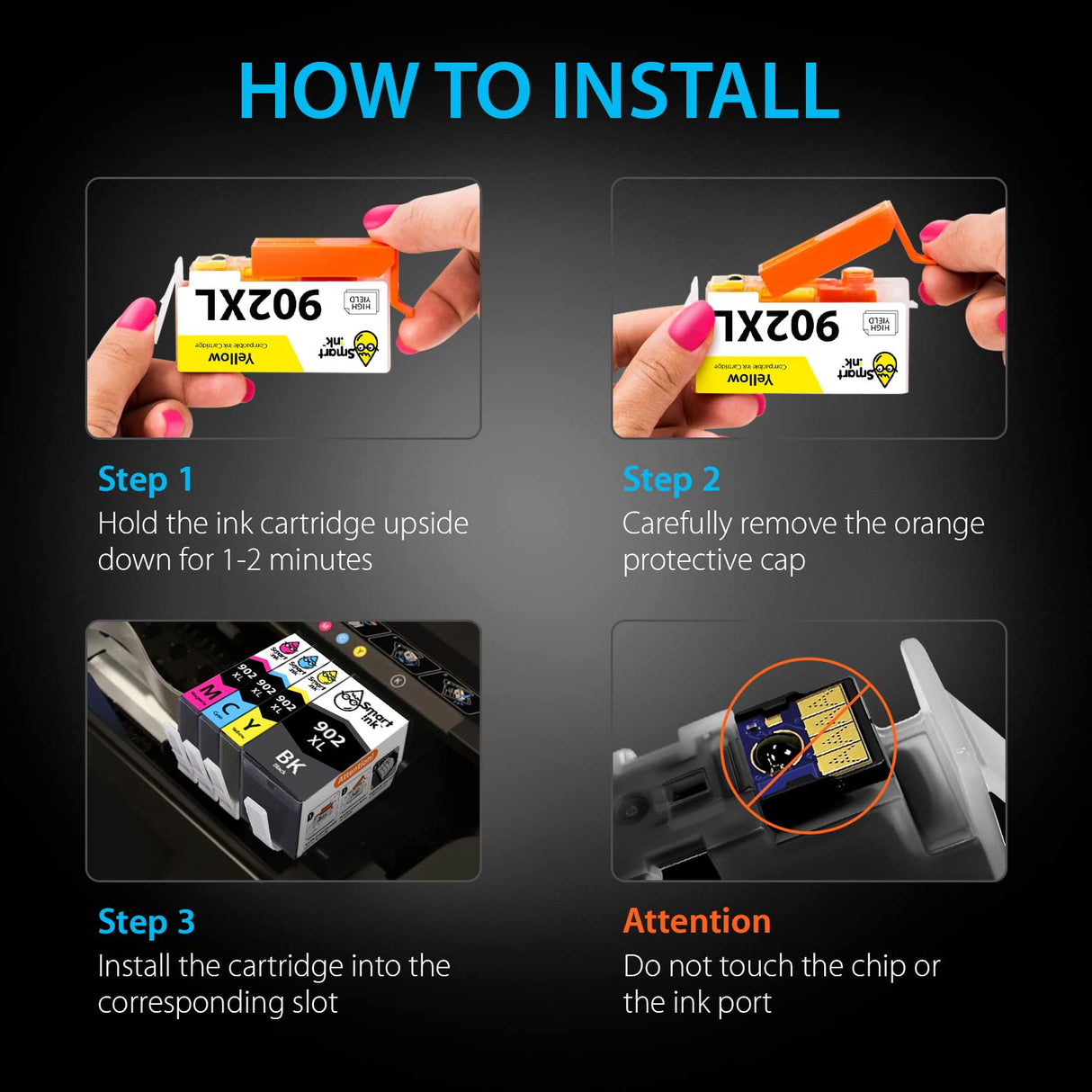 Smart Ink Compatible Ink Cartridge Replacement for HP 902 XL 902XL (4 Combo Pack) to use with Officejet Pro 6978 6968 6974 6975 6960 Officejet 6951 6954 6956 6958 Printers Smart Ink