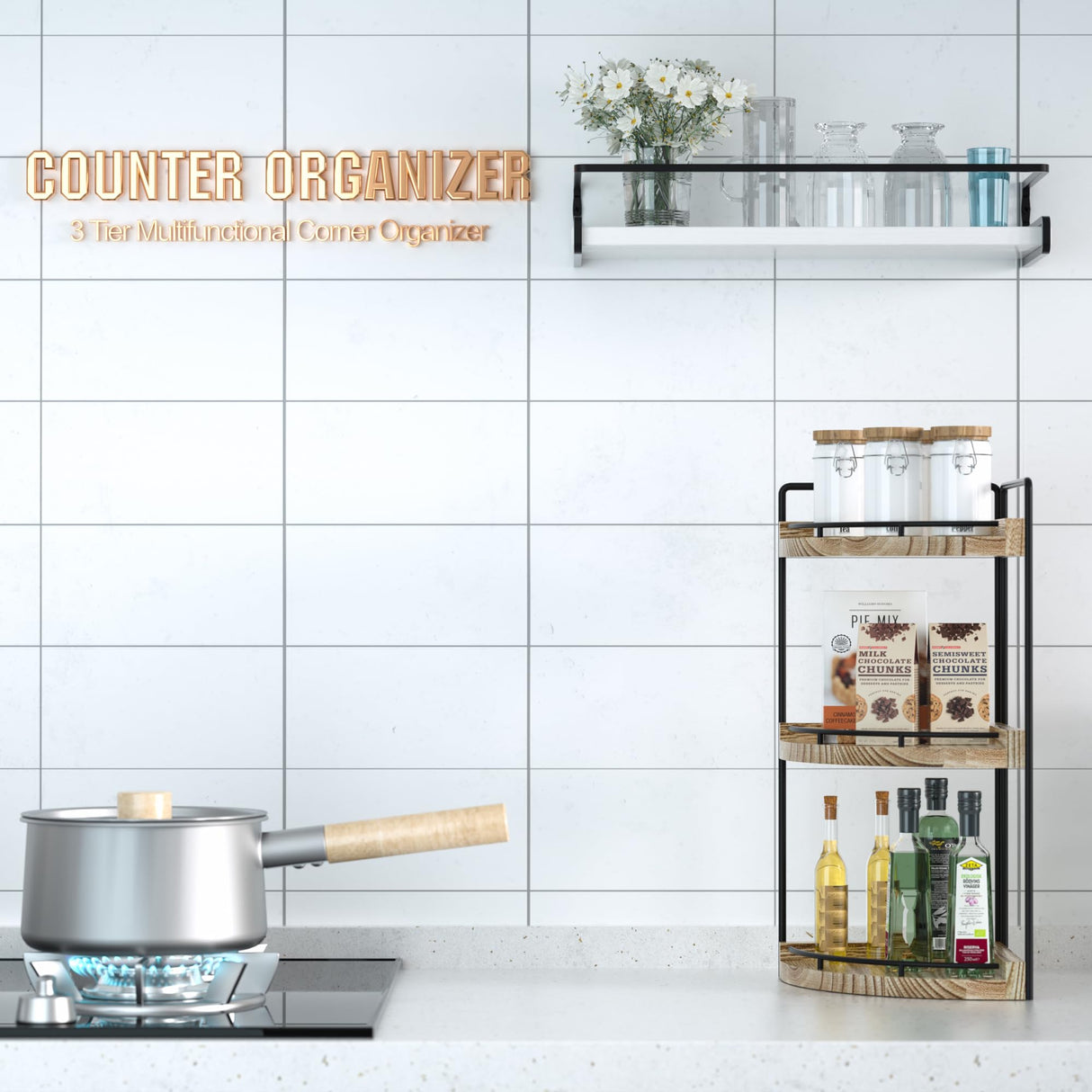 CeleVista Corner Bathroom Counter Organizer, 3 Tier Bathroom Storage Countertop for Skincare, Sink Shelf for Kitchen Decor, Vanity, Dresser, Makeup, Gift(Rustic Brown) CeleVista