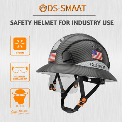 DS-SMAAT Full Brim Construction Hard Hat with Visor, 6-Point Ratchet Suspension Safety Helmet,Superior Impact Head Protection for Industry Use,ANSI Z89.1&OSHA Approved,Both for Men&Women(Matte Black)