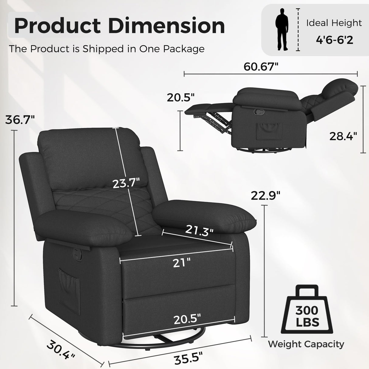 Glider Recliner for Adult Indoor Upholstered Lounge Nursery Chair Swivel Single Sofa with Side Pockets for Living Room Bedroom(Black) Amopatio