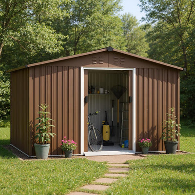 Acekool 8x10 FT Outdoor Metal Storage Shed, Large Garden Tool Shed with Lockable Door and Vents, Waterproof Galvanized Metal Sheds for Tools & Equipment, Garbage Can, Bike, Mower, Brown