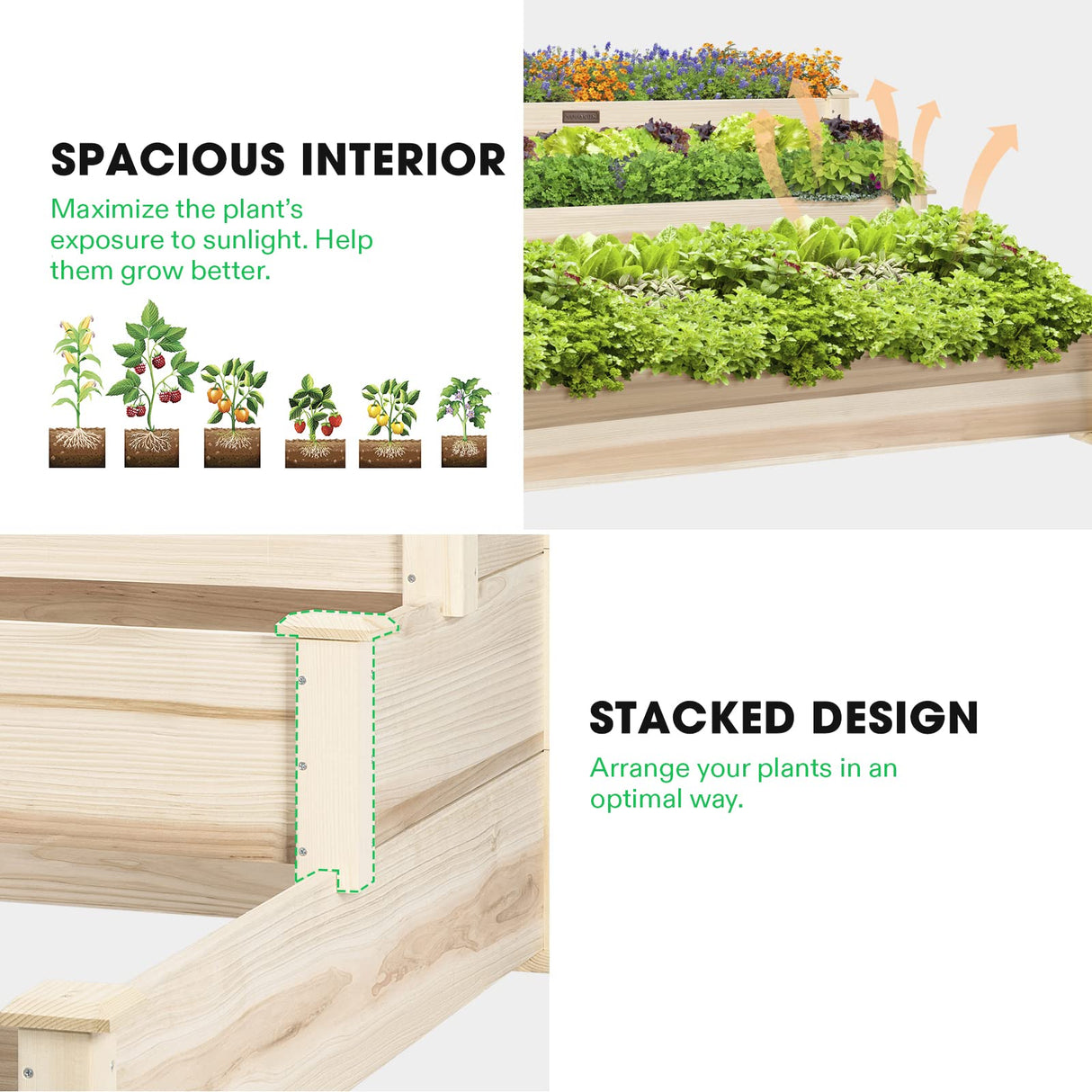 VIVOSUN 3-Tier Wooden Raised Garden Bed, 48 x 48 x 21 Inches, Outdoor Wood Planter Kit for Plants, Herbs, and Vegetables for Garden, Patio, Balcony, Backyard and Outdoors VIVOSUN
