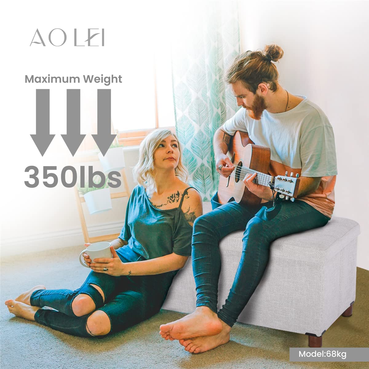 Ao Lei 30 Inches Storage Ottoman Bench with Wooden Legs for Living Room, Folding Foot Rest Removeable Lid for Bedroom End of Bed, Linen Fabric, White Ao Lei